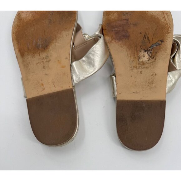 Stuart WeitzmanBandeau Metallic Gold Leather Bow Accent T- Strap Sandals Size 8 - Picture 10 of 10